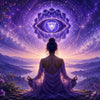 Mystical Third Eye Chakra scene with indigo light, Ajna symbolism, amethyst crystals, and a peaceful meditative atmosphere.