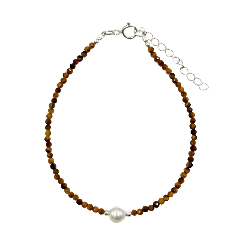 Tiger's Eye Faceted Stone & Pearl Collection Bracelet