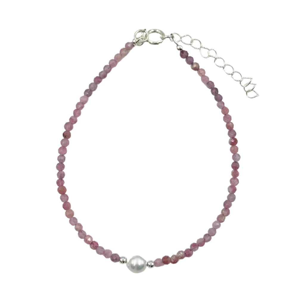 Pink Tourmaline Faceted Stone & Pearl Collection Bracelet
