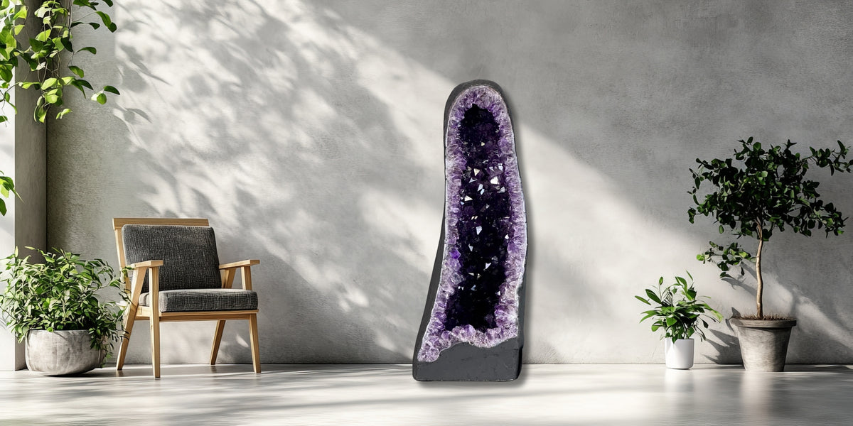 Large amethyst cathedral amethyst in living space with plants
