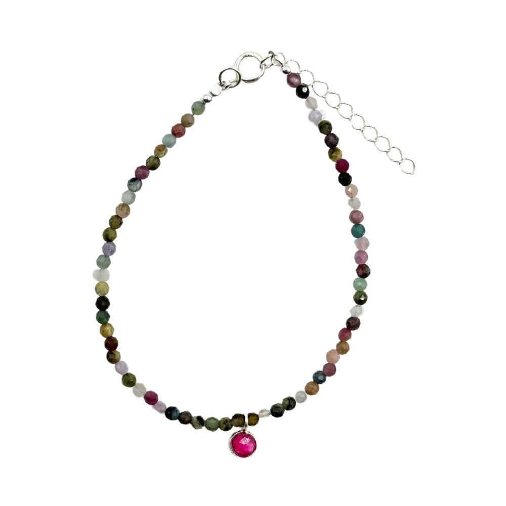 Mix Tourmaline with Ruby Faceted Stone & Charm Bracelet 925