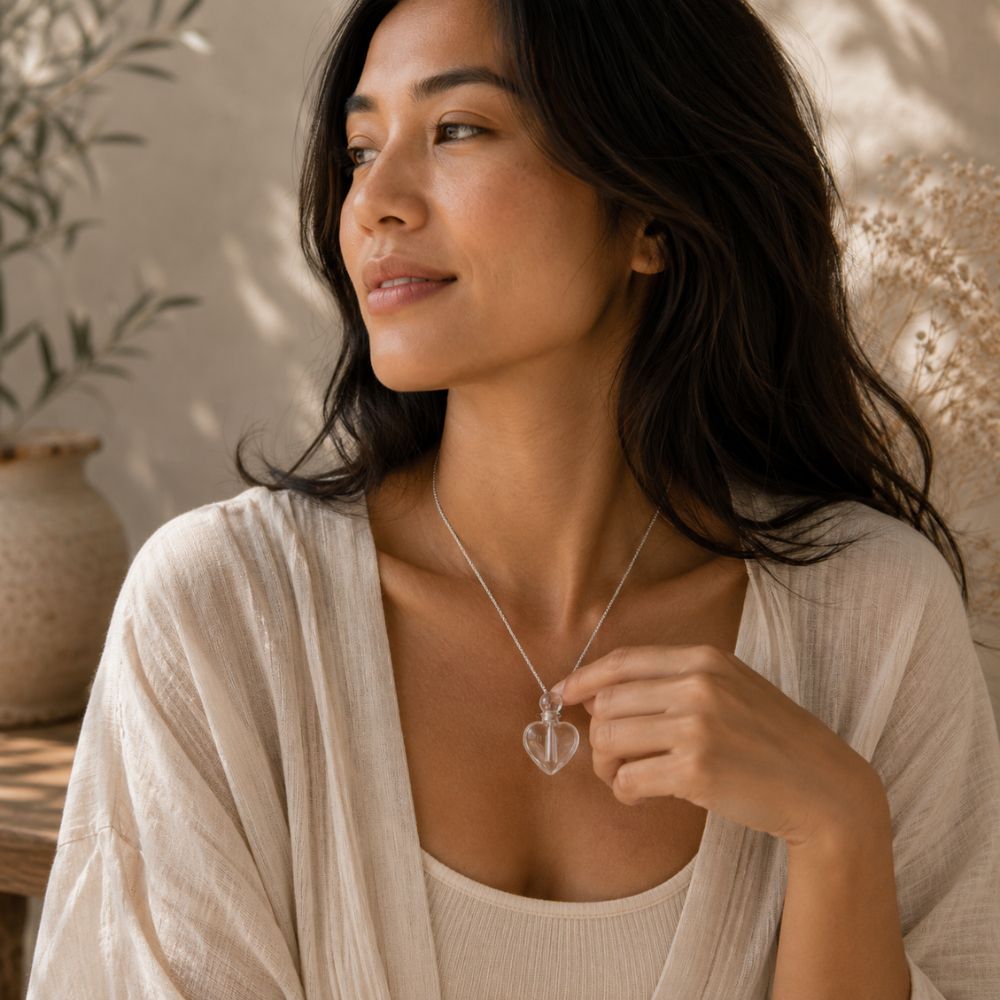 Woman wearing clear heart-shaped crystal aromatherapy necklace with silver chain