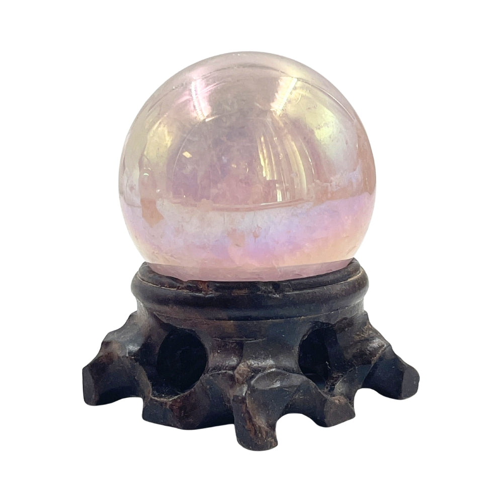Aura Rose Quartz Sphere with Wooden Base