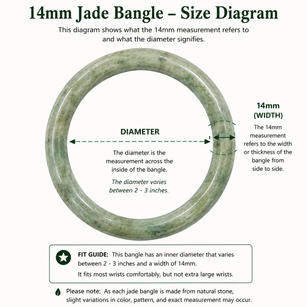 A size diagram for a 14mm jade bangle, showing a circular jade bracelet on a white background with text explaining diameter, width, and fit. The bracelet appears pale green with natural stone variation.