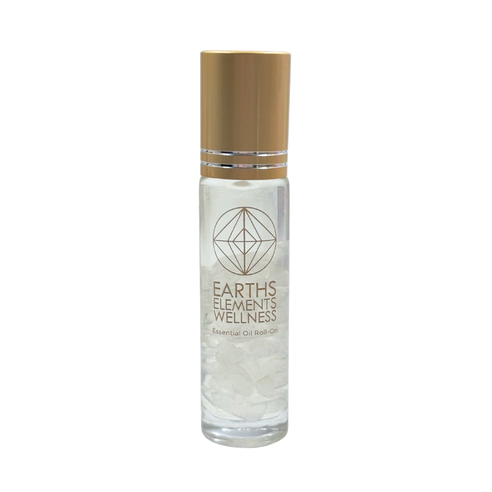 Bottle of Earths Elements Wellness essential oil roll-on on a white background