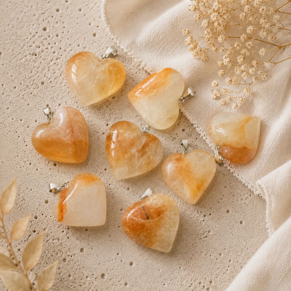 Heart-shaped stone pendants on a textured beige surface with dried flowers.