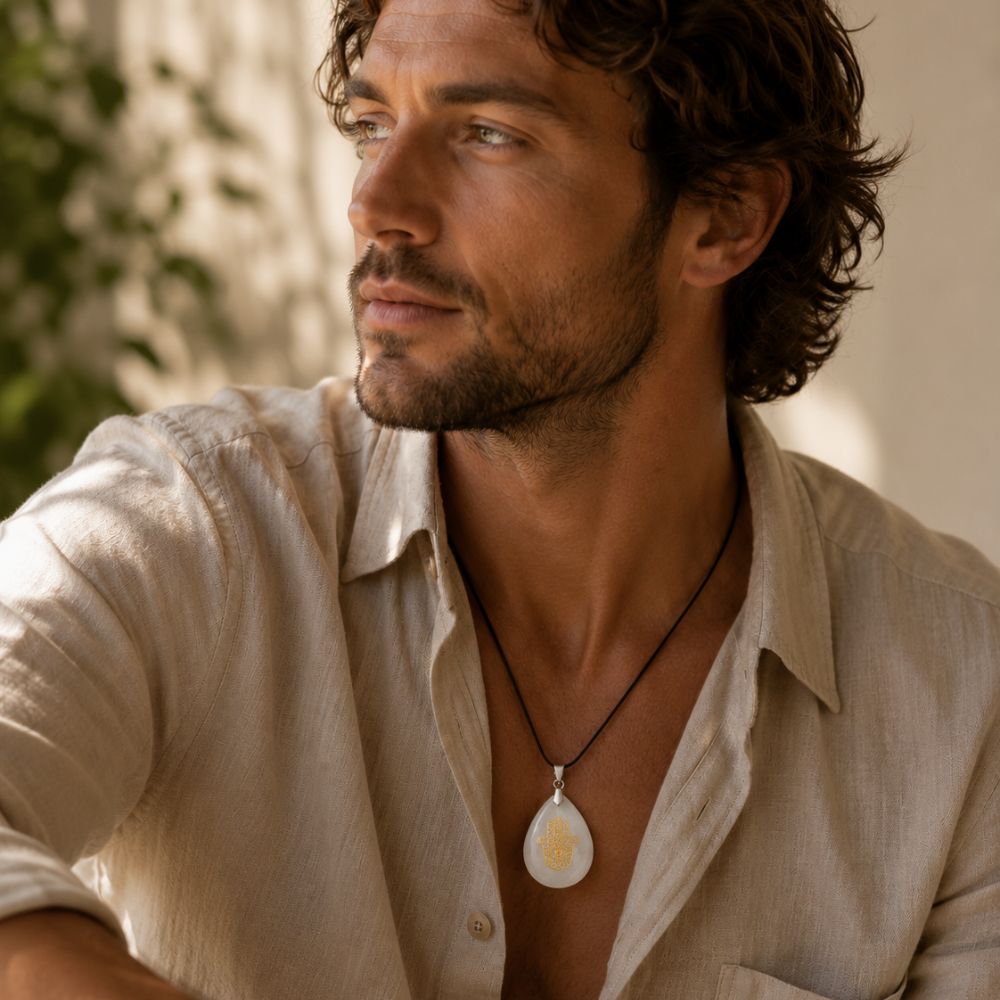A man wearing a light beige linen shirt and a black cord necklace with a teardrop-shaped pendant featuring a white and yellow sun design, set against a warm, softly blurred background.