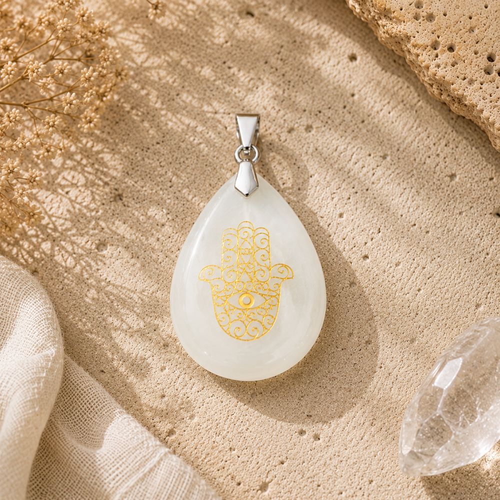 A teardrop-shaped white pendant with a gold Hamsa hand design, displayed on a textured beige surface with dried flowers and a crystal.