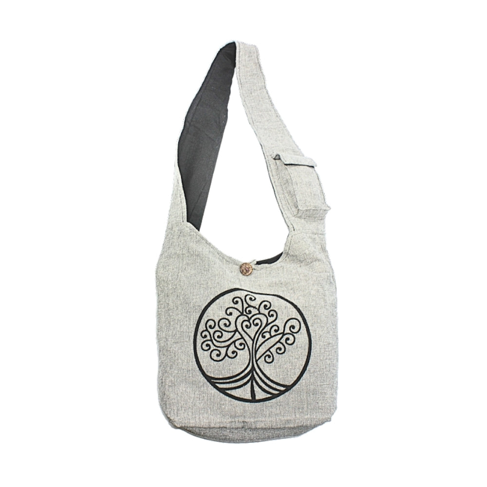 Gray shoulder bag with a black tree-of-life design on a white background