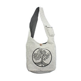 Gray shoulder bag with a black tree-of-life design on a white background