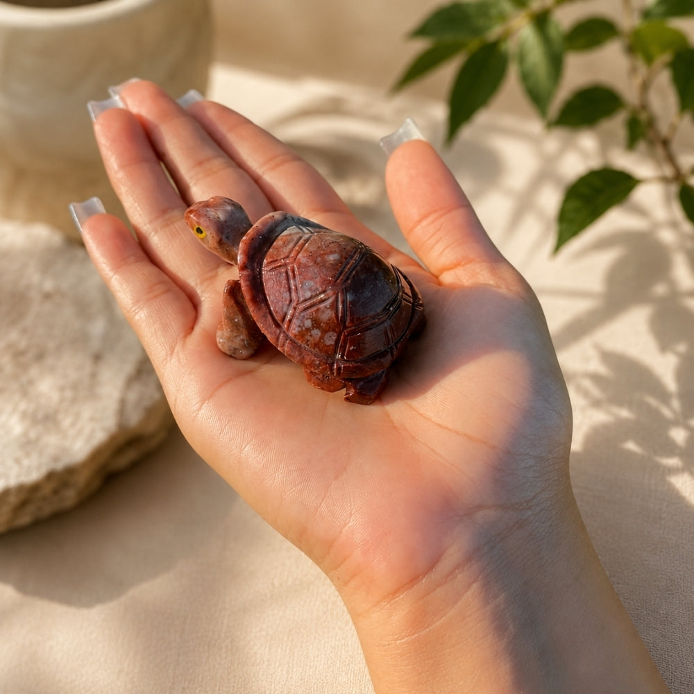 A small carved turtle figurine with a reddish-brown shell and pale head, resting on an open human hand in warm natural light.