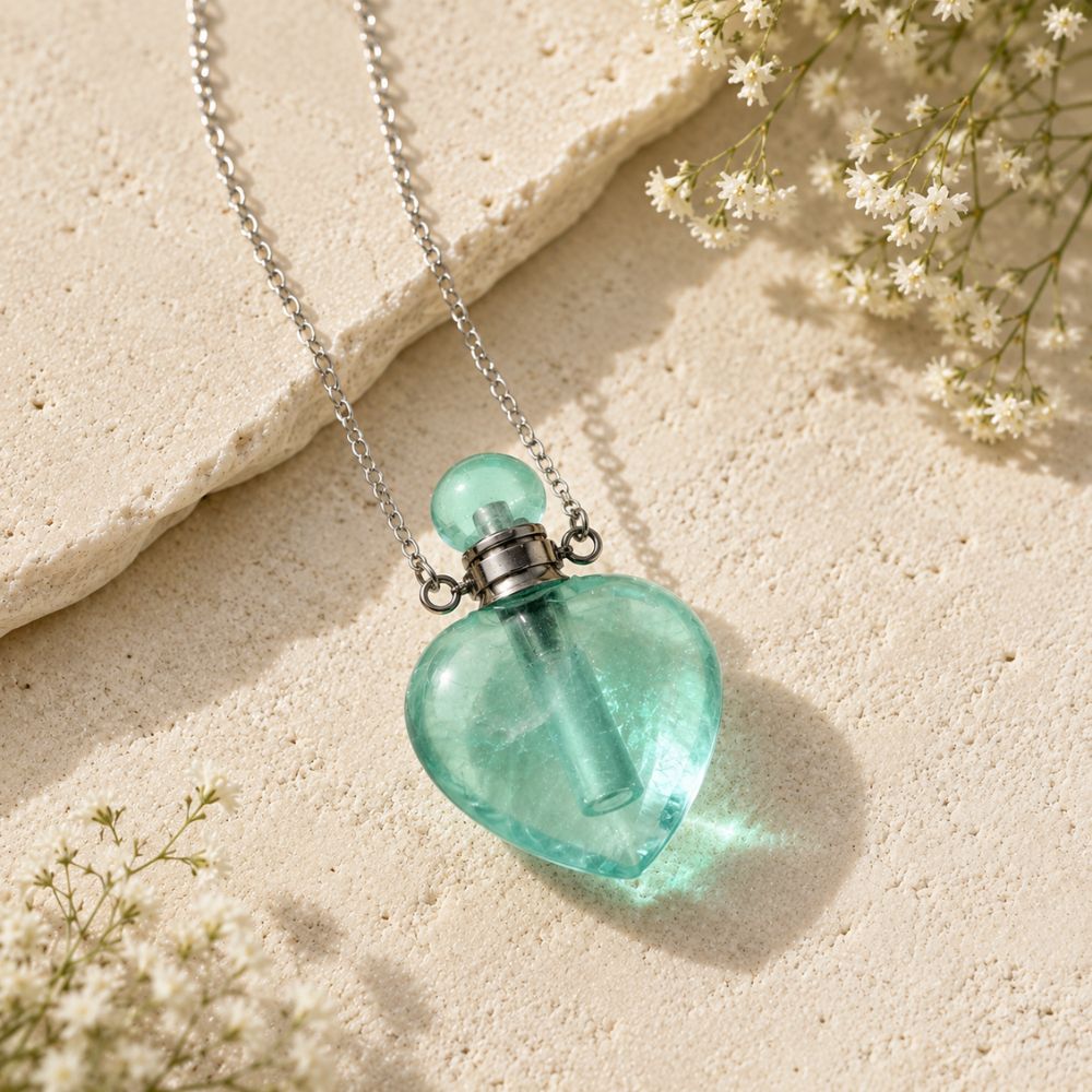 Fluorite heart aromatherapy necklace with silver chain