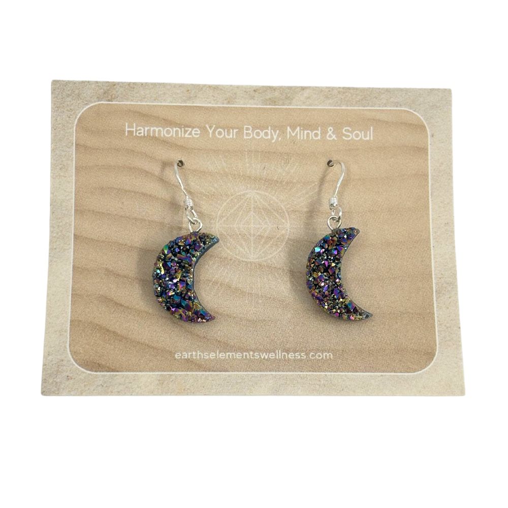 Earring - Moon, Rainbow Druzy 925