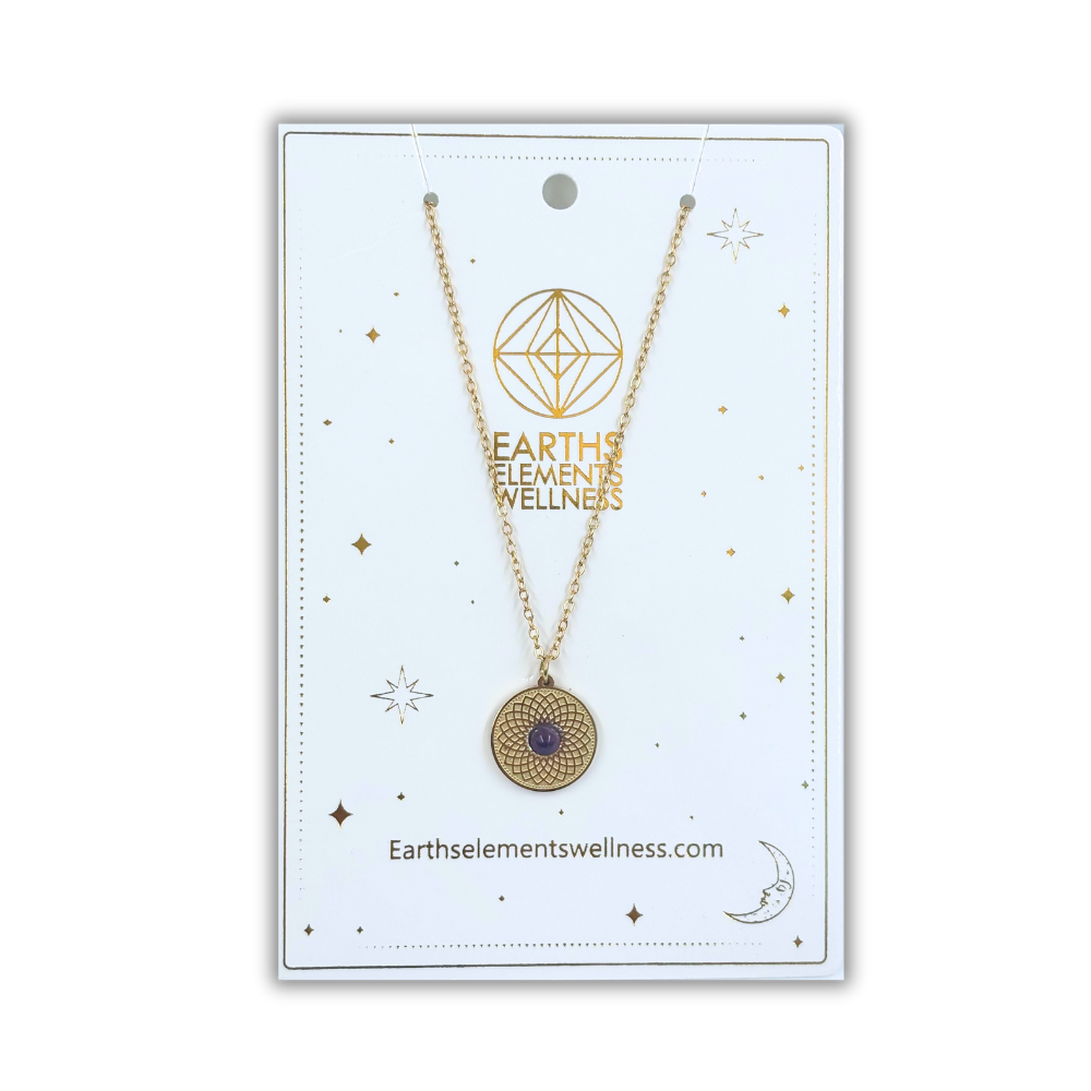 Earths Elements Gold Mala Necklace with Amethyst Gem