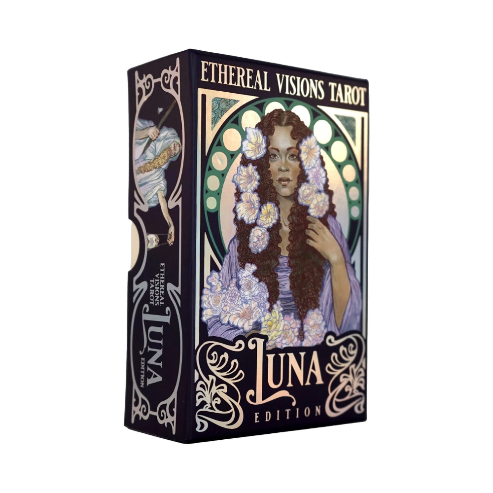 Ethereal Visions Tarot box with a woman's face and floral elements on a white background