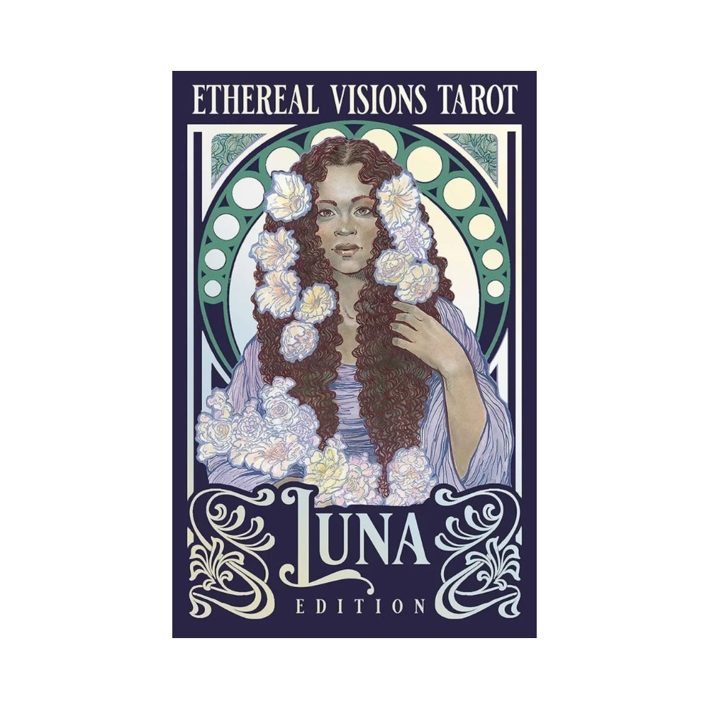 Ethereal Visions Tarot Luna Edition cover with a woman's face surrounded by floral design on a white background