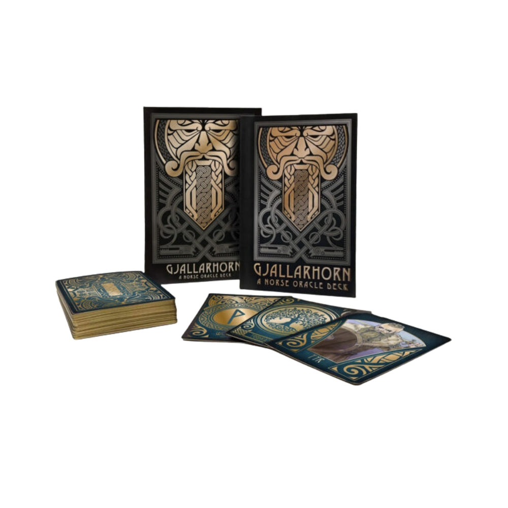 Gjallarhorn oracle cards with ornate design on a white background