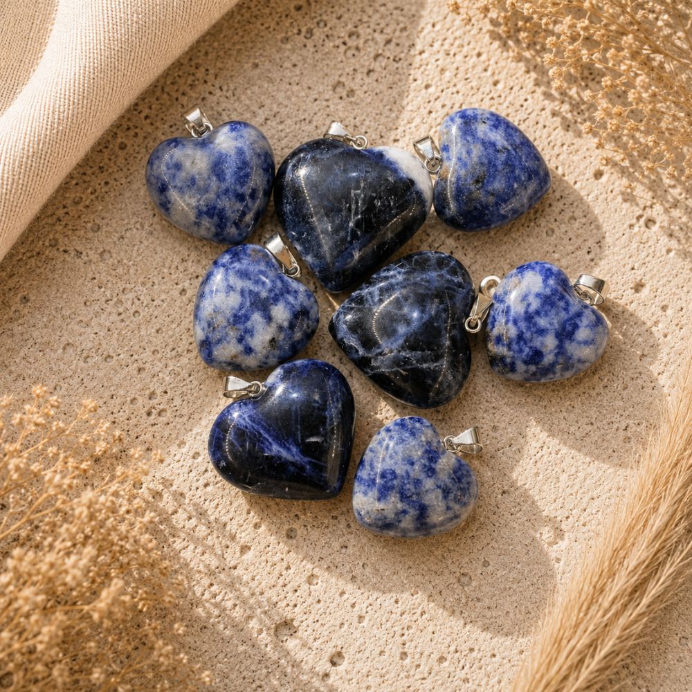 Sodalite heart crystal pendants with silver bails on a neutral textured background.