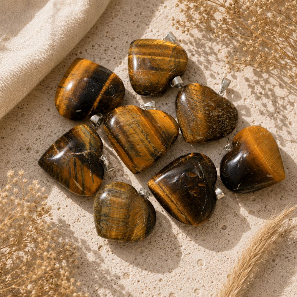 Tiger's Eye heart crystal pendants with silver bails on a neutral textured background.