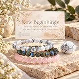 Three beaded stretch bracelets displayed on a stone slab with a branded card reading 'New Beginnings' and 'Earths Elements' visible. The bracelets include howlite, labradorite, and rose quartz.