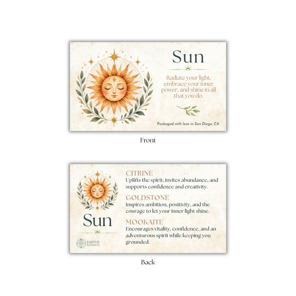 Front and back views of a square card or box design featuring a sun illustration and the word 'Sun,' with inspirational text and color names including citrine, goldstone, and mookaita on a white background.