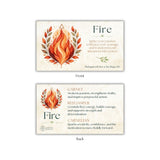 Front and back views of a square Fire affirmation card set by Earthing Energy, featuring a watercolor-style orange and red flame with leaves on a cream background, with text about the elements and their meanings.