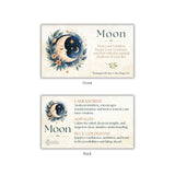 Front and back views of a square cards featuring a moon illustration with floral accents and text about the Moon, labeled Front and Back on a white background.