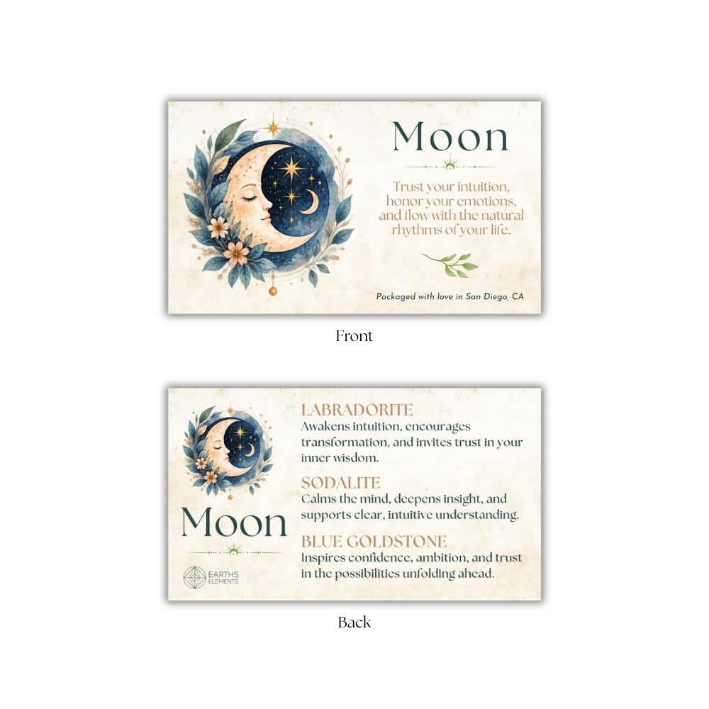 Front and back views of a square cards featuring a moon illustration with floral accents and text about the Moon, labeled Front and Back on a white background.