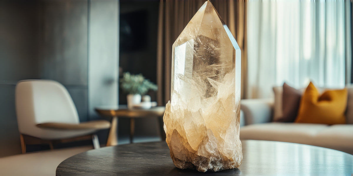 Large clear Quartz crystal on a table