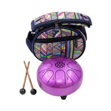 A metal steel pan drum kit with a purple metallic drum, a colorful geometric patterned zippered carrying bag, and two wooden mallets with black ends, shown on a plain white background.