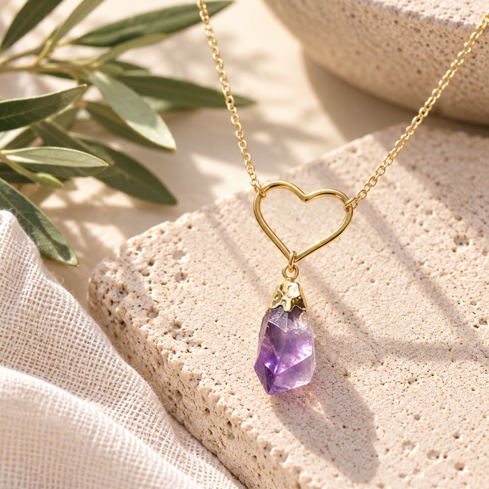 Gold open-heart necklace with a dangling raw purple amethyst crystal pendant, displayed on textured natural stone with soft greenery and ivory linen in natural daylight.