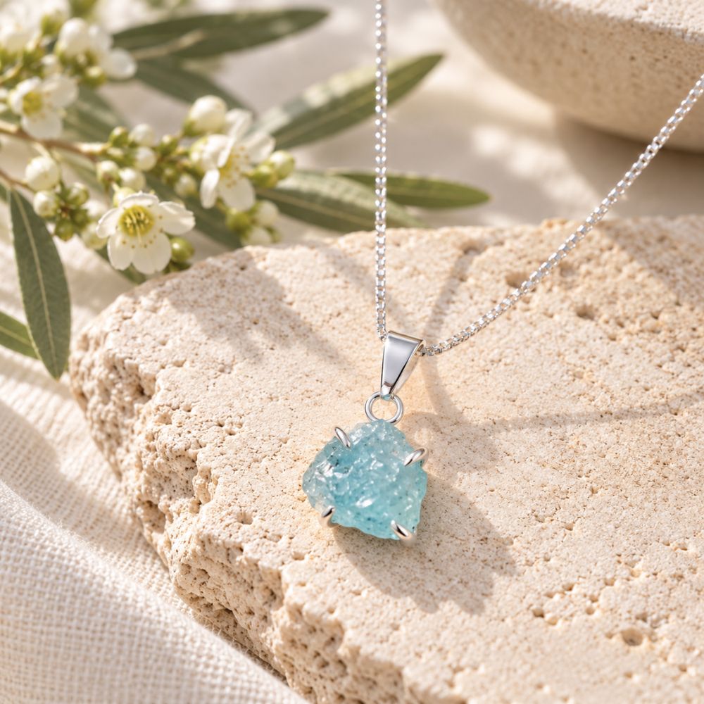 Raw aquamarine crystal necklace with a silver chain and prong-set pale blue gemstone pendant, displayed on textured natural stone with delicate white flowers.
