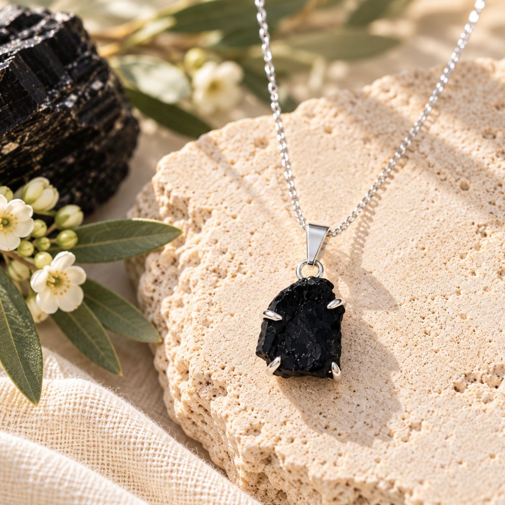 Raw black tourmaline crystal pendant in a silver prong setting on a delicate silver chain, displayed on textured beige stone with white flowers and natural greenery.