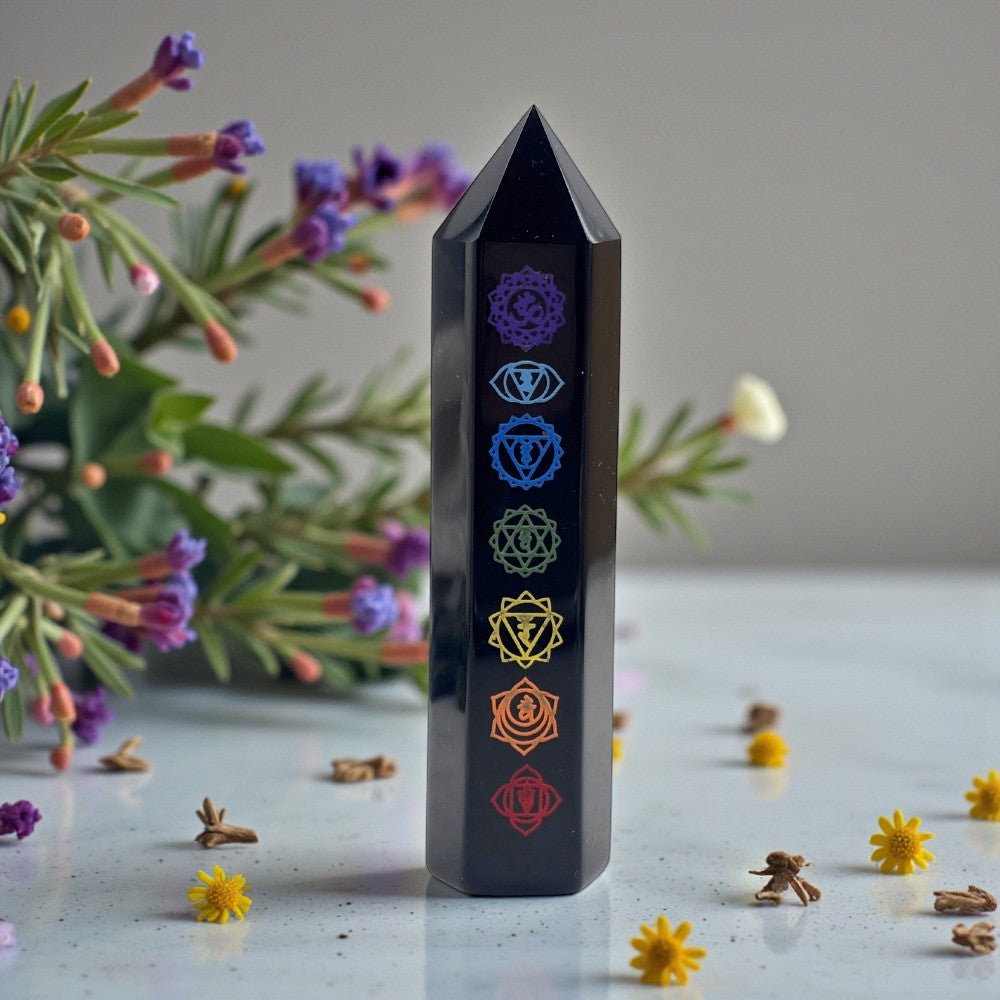 Black crystal tower with colorful symbols on a light surface with flowers and plants.