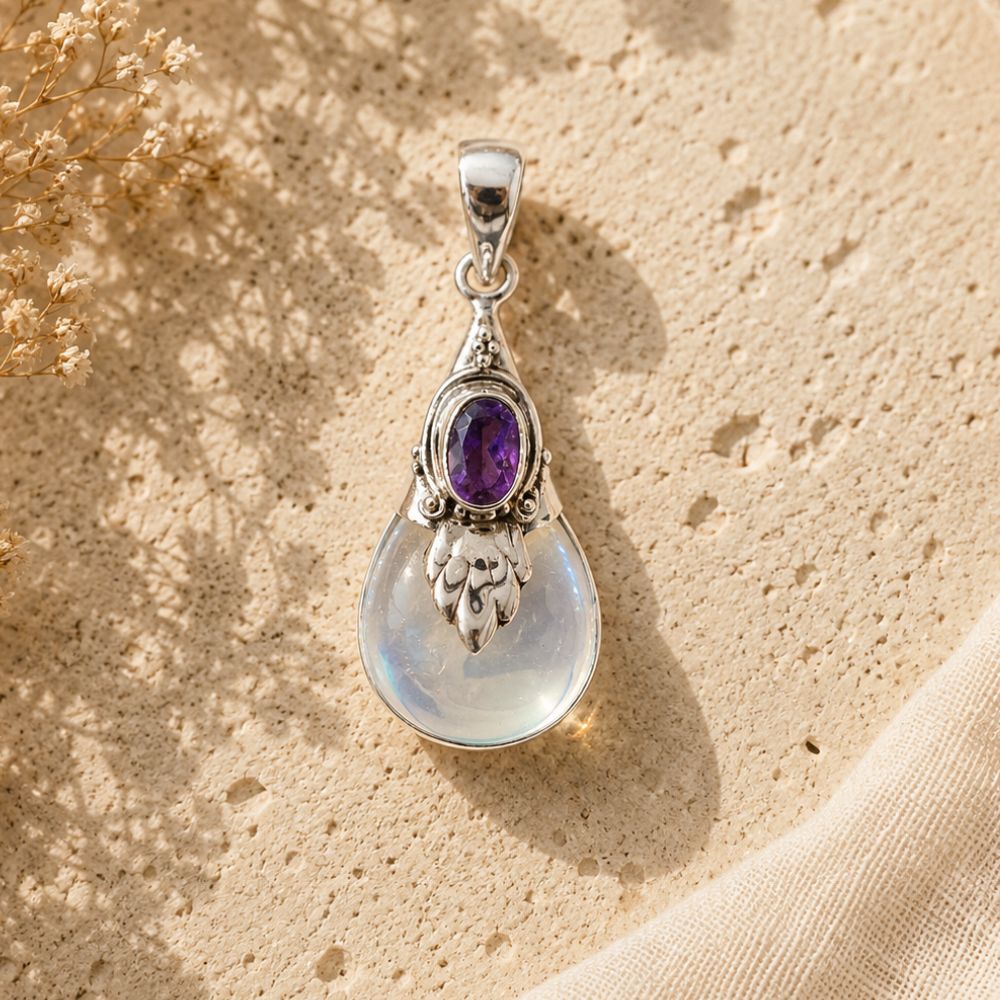 Opalite and amethyst sterling silver pendant.