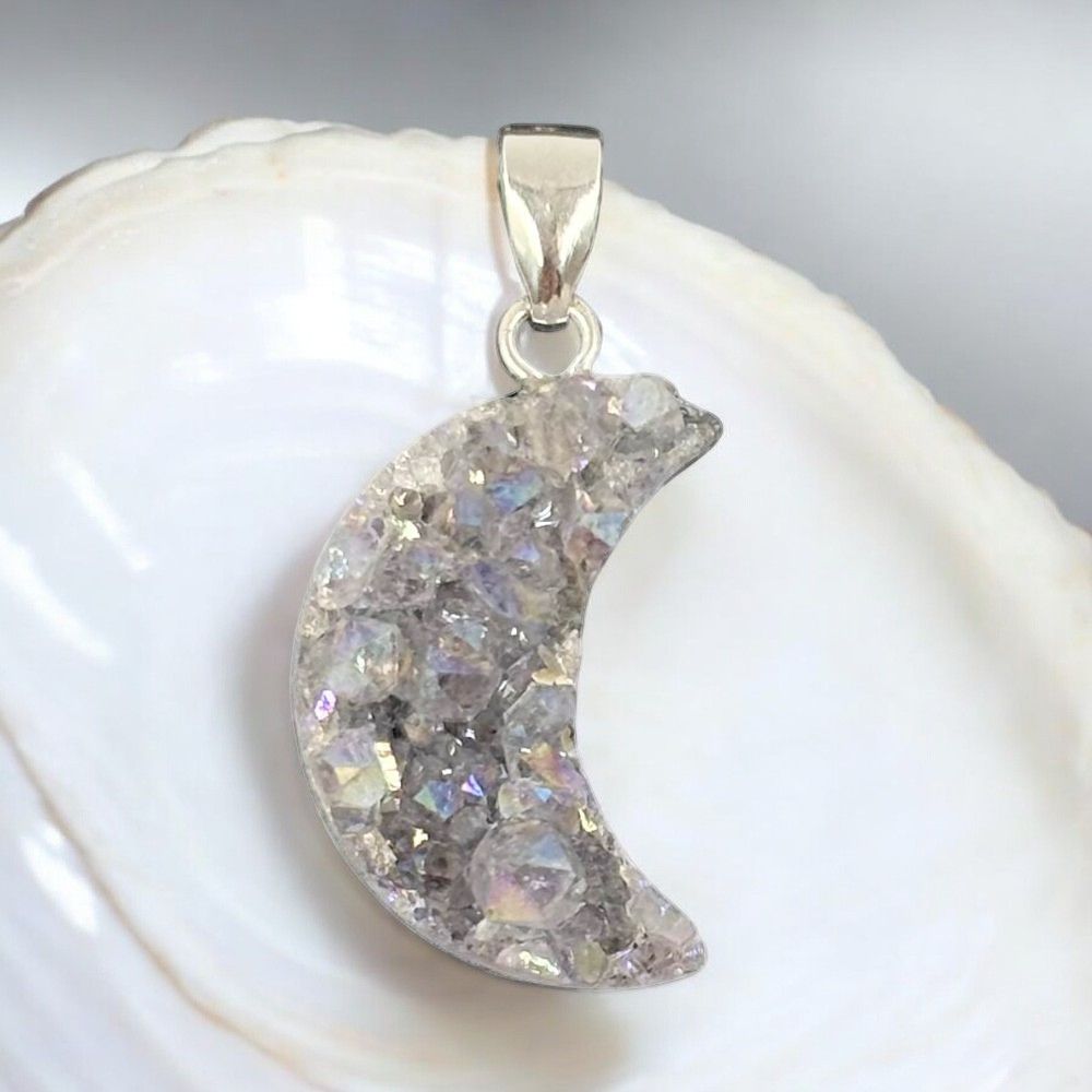 Lavender Aura Druzy Moon Pendant - 925