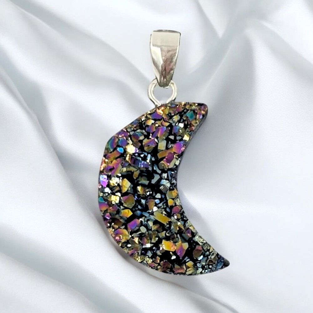 Rainbow Druzy Moon Pendant - 925