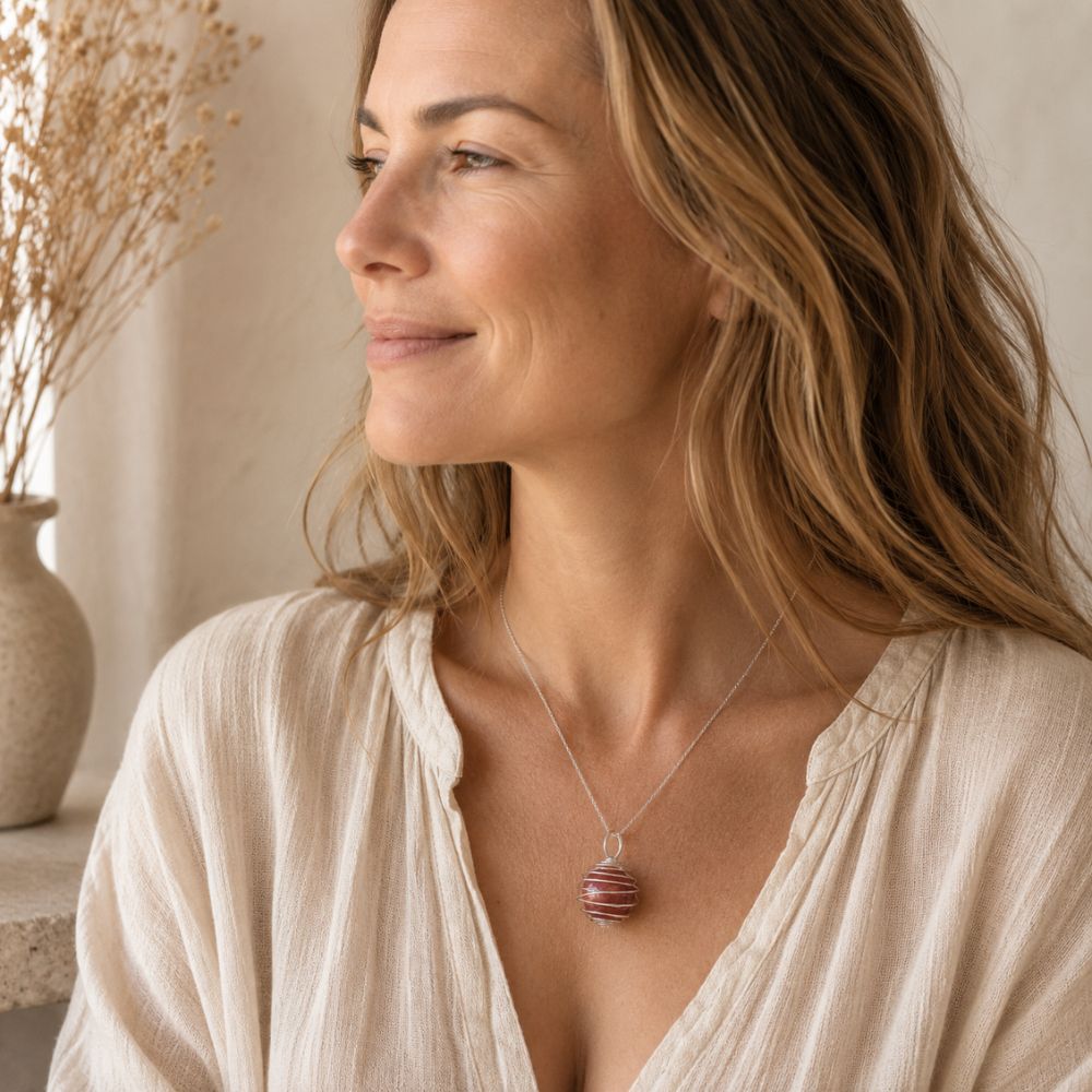 Person wearing a silver crystal cage pendant with a crystal on a delicate chain and neutral clothing in warm natural light.