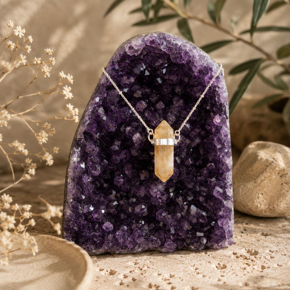 A gold-toned crystal pendant necklace displayed on a purple amethyst geode, set against a warm neutral background with dried flowers and stones.