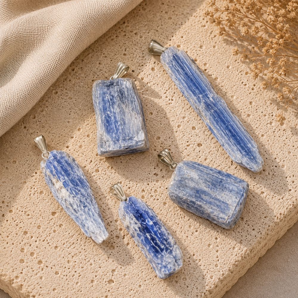 Five blue-and-white striped stone pendants with silver bail loops, arranged on a textured beige stone surface with a beige fabric and dried flowers in the background.