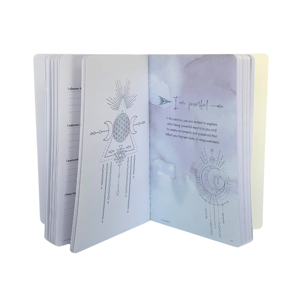 Open book with mystical illustrations and text on a white background