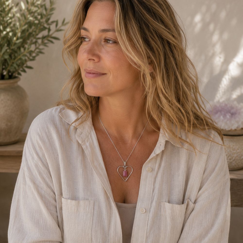 Woman wearing a raw pink tourmaline heart pendant on a silver chain with a neutral linen top, photographed in natural daylight.
