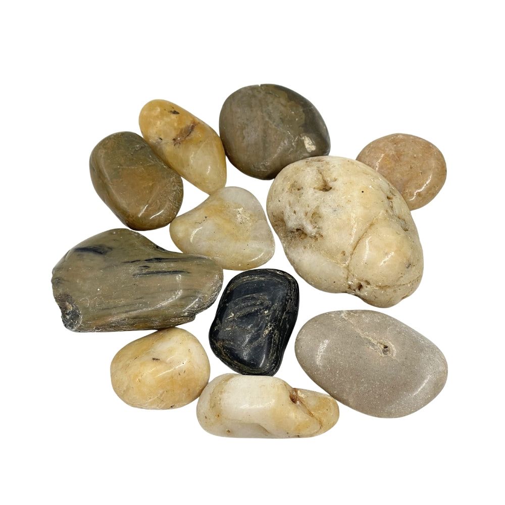 A group of smooth, polished river stones in various earthy tones including beige, brown, gray, and one dark charcoal piece, arranged on a plain white background.