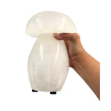 Hand holding a mushroom lamp against a white background