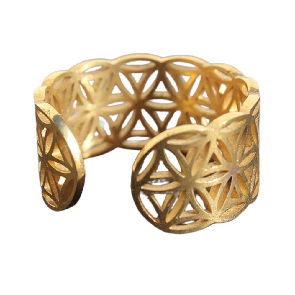 Sacred Geo Ring Band Flower of Life "Gold" Earths Elements