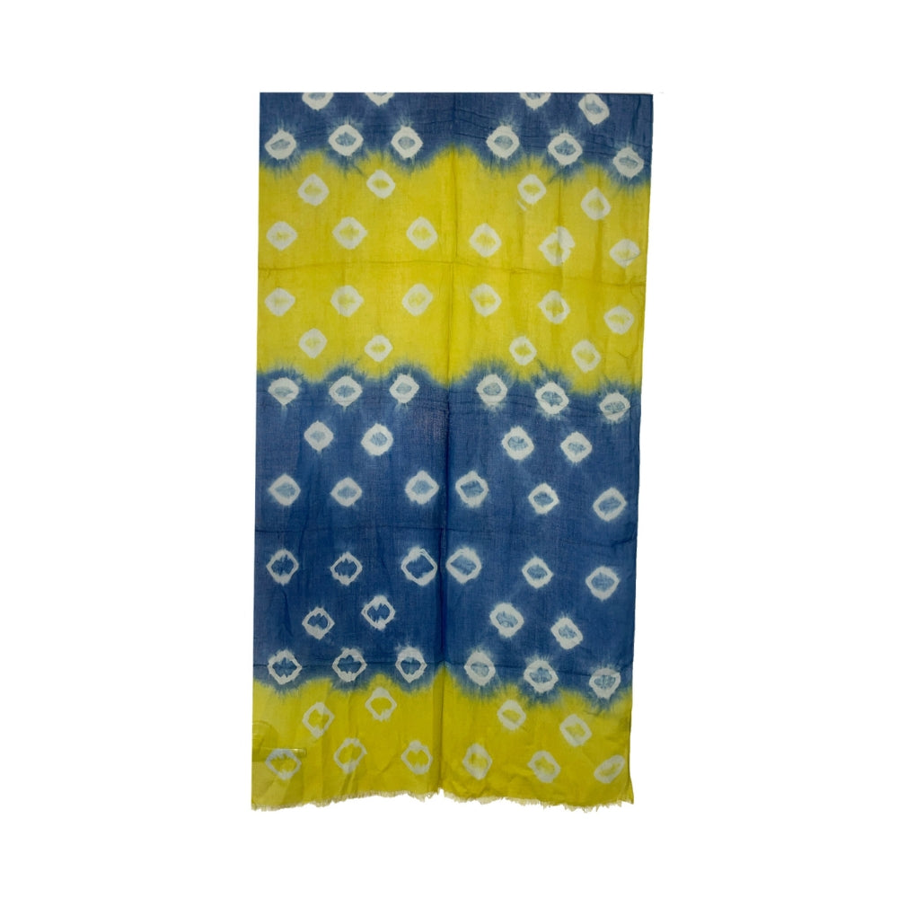 Tie-dye scarf with blue and yellow pattern on a white background