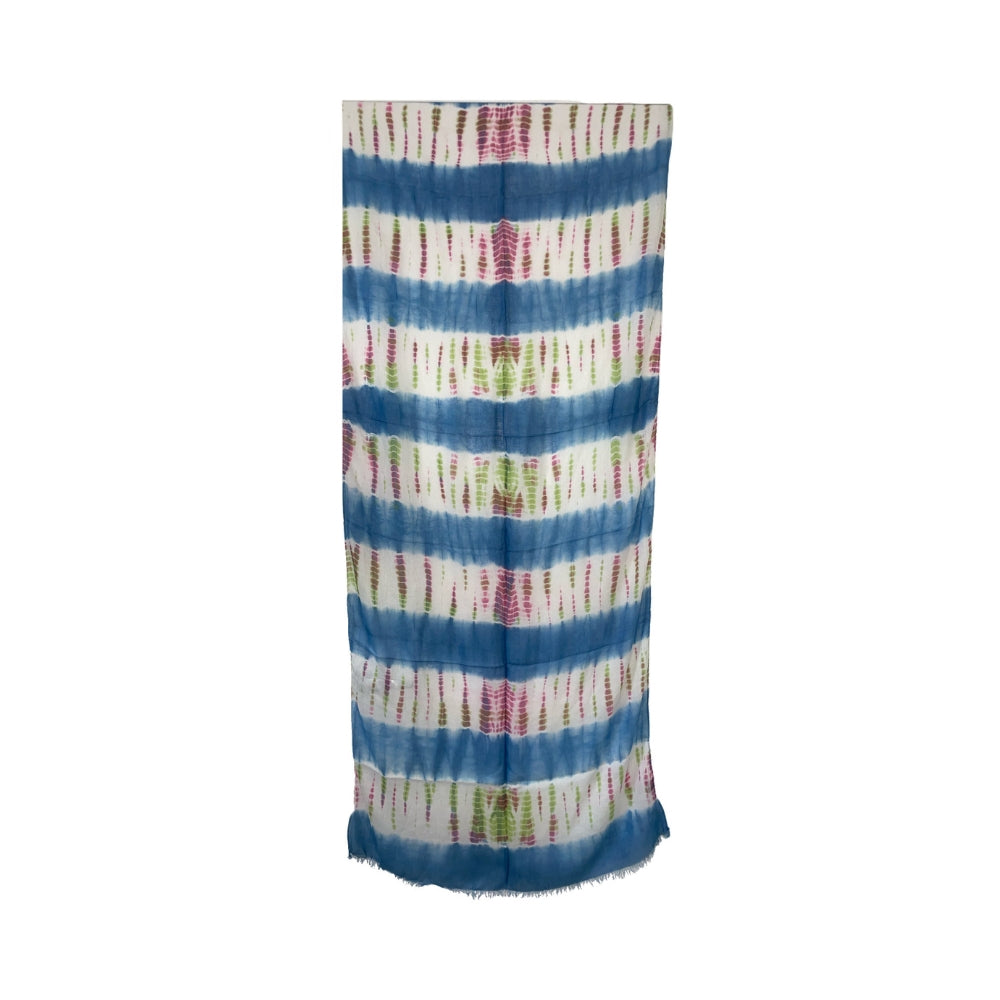 Striped scarf with blue, white, and multicolor pattern on a white background