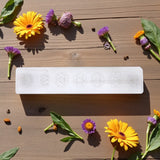 White rectangular selenite bar with chakra patterns on a wooden surface with flowers and leaves.
