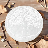 Round white selenite plate with tree of life engraving on a wooden surface with leaves and stones.