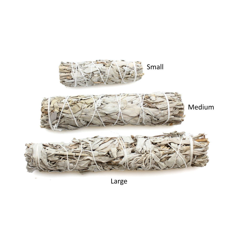 Three bundles of sage smudge sticks labeled Small, Medium, and Large on a white background.